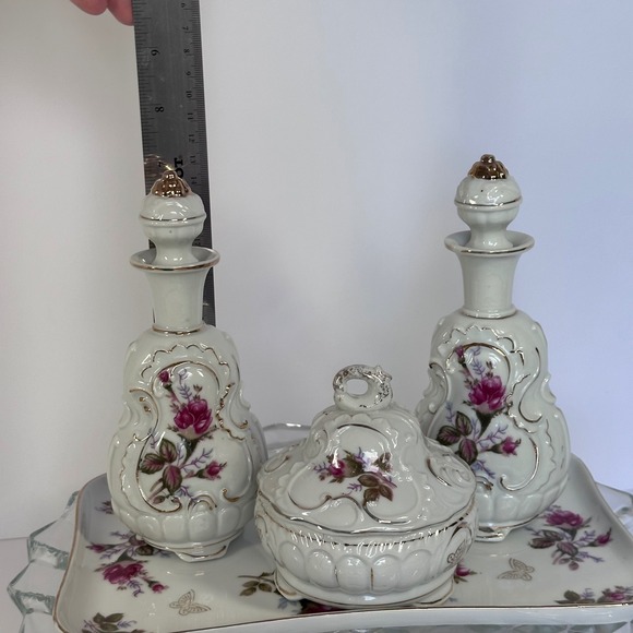 Vintage Porcelain Vanity Set Floral Rose Design‎ Perfume Bottles Trinket Box - Picture 2 of 16